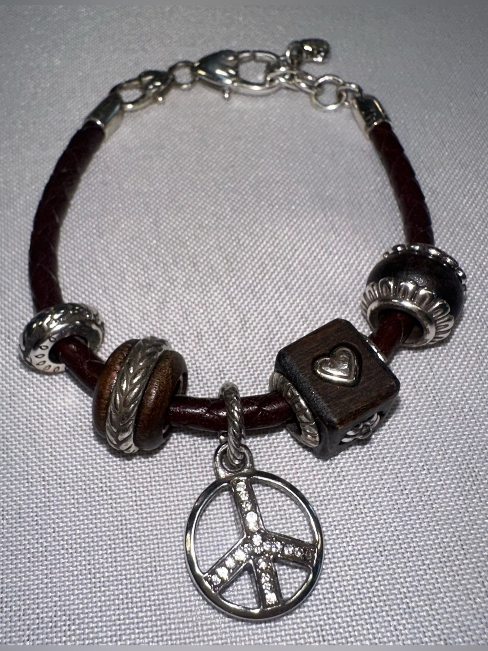 Vintage Retired Brighton Leather Charm Bracelet - Peace Sign & Heart Beads